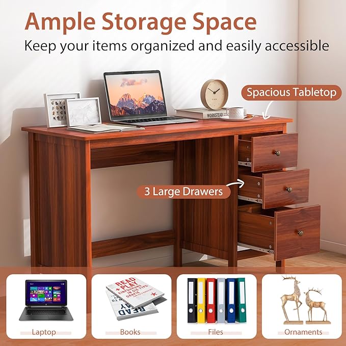 Tangkula Computer Desk with 3 Storage Drawers Modern Home Office Desk with Storage Drawers &amp Spacious Desktop Compact Writing Study Desk Laptop Desk for Bedroom Multipurpose Computer Workstatio