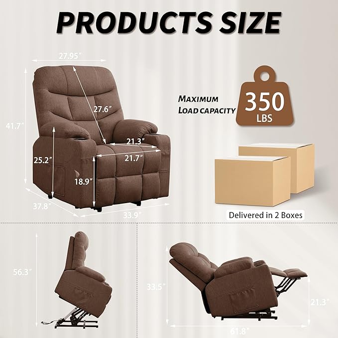 Power Recliner Chair with Massage and Heating Power Lift Recliner Chair for Elderly and Adults Electric Recliner with Remote Control and Cup Holders for Living Room Linen Fabric Brown