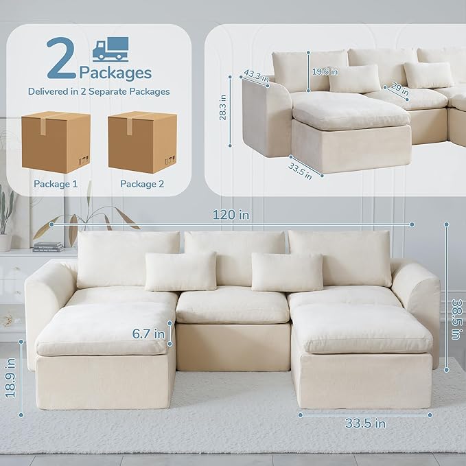 Modern Sectional Cloud Couch - 120'' Soft Modular Sectional Sofa – No Assembly Required - Deep Seat Couches with 2 Movable Ottomans - Oversized Chenille Sofa for Living Room - White