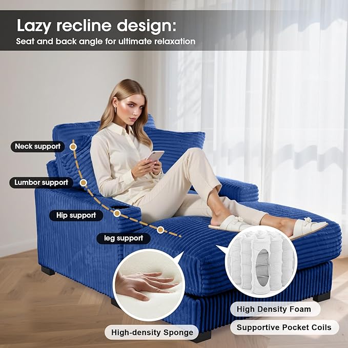 41 Chaise Lounge Indoor Comfy Reading Chair with 2 PillowsUSB Charger Cup Holder Adjustable Backrest Corduroy Sofa Bed Lazy Chair Sleeper Couch Small Couch for Apartment Blue