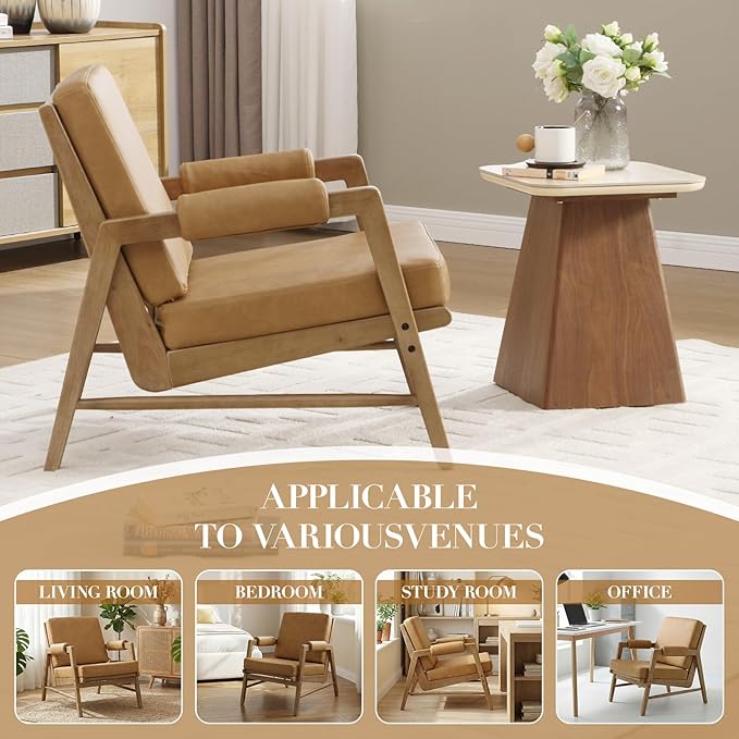CIMOTA Mid Century Modern Accent Chair Set of 2 Leather Upholstered Living Room Chairs with Arms Comfy Reading Chair with Solid Wood Frame High Back for Bedroom Waiting Room Office Brown