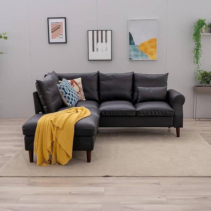 Panana 5 Seats Sectional Sofa Leathaire Fabric with Built-in USB Charging Port Chaise Right Corner L Shaped Couch (Black Leathaire 5 Seater Right Corner with Chaise)