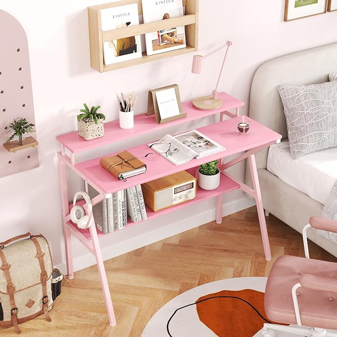 Giantex Small Desk with Storage Compact Computer Desk for Small Spaces with Monitor Stand Metal Frame &amp Earphone Hook Laptop PC Table Modern Writing Desk for Home Office Bedroom (Pink)