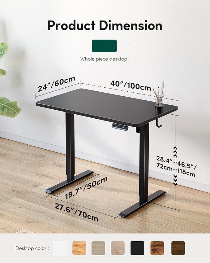 FEZIBO One-Piece Standing Desk Adjustable Height Stand up Home Office Desk 40x24 Inch Electric Standing Computer Desk with 4 Memory Presets Headphone Hook Black