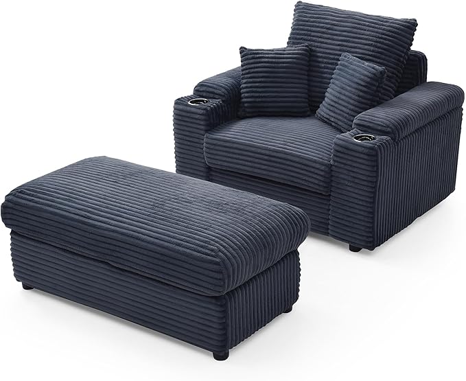 43.3 W Oversized Corduroy Chaise Lounge Chair Comfy Sleeper Sofa with Cup Holder and Storage Ottoman 3 Throw Pillows Included Deep Seat Upholstered Reading Chair for Living Room (Gray)