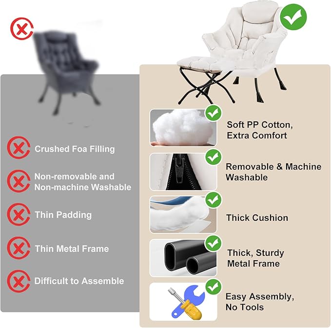Lazy Chair with Ottoman Modern Accent Chair with Armrests and a Side Pocket Beige Accent Chairs Reading Chairs Oversized Armchairs for Bedroom Study Living Room Courtyard