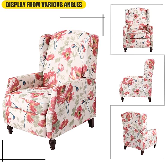 Upholstered Wingback Recliner Chair Traditional Push Back Recliner Chair with Padded Seat Fabric Floral Chair Wingback Recliner with Wooden Legs Small Recliners for Small Spaces