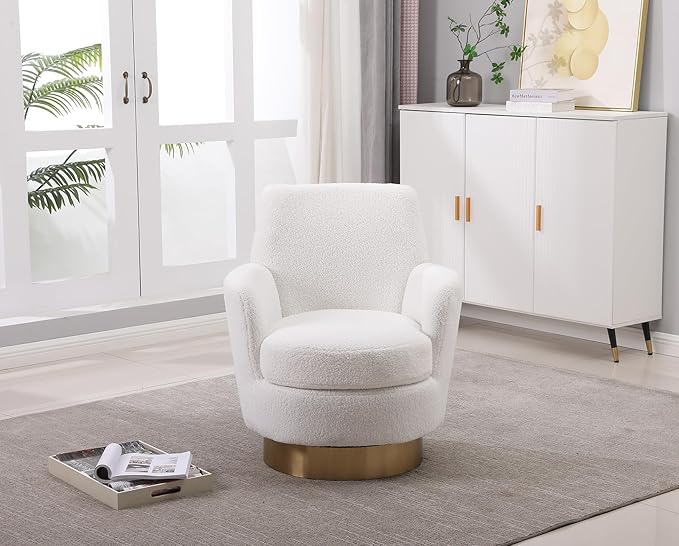 Teddy Swivel Accent Chair Set of 2 Upholstered Barrel Chair with Gold Base Comfy Sherpa Round Boucle Chair 365-degree Swivel Armchair for Living Room Bedroom Lounge Office Nursery White