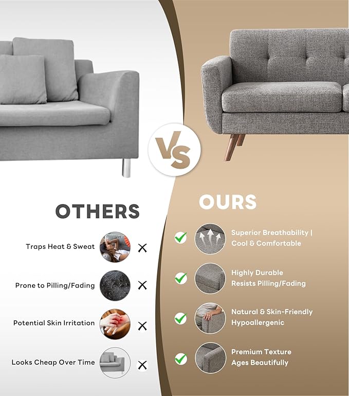 Tbfit 65 W Loveseat Sofa with Ottoman Coffee Table Mid Century Modern Love Seat Couches for Living Room Button Tufted Upholstered Small Couch for BedroomEasy to Install Love Seats Furniture Gray