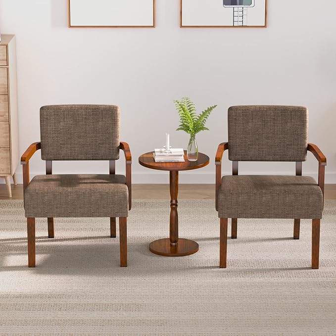 Accent Chair Set of 2 with Table Living Room Chairs with Soft Seat &amp Armrests for Living Room Bedroom Reading Room Waiting Room (Brown) (AC01)