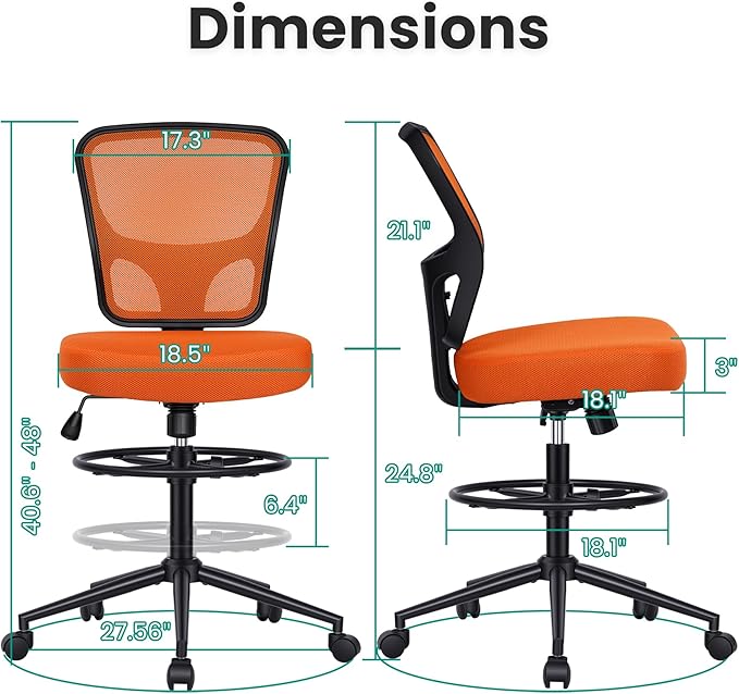 Armless Drafting Chair Tall Office Chair for Standing Desk - Adjustable Height Mesh Ergonomic Drafting Stool with Foot Ring &amp Wheels Rolling Counter Height Computer Chair for Home Office