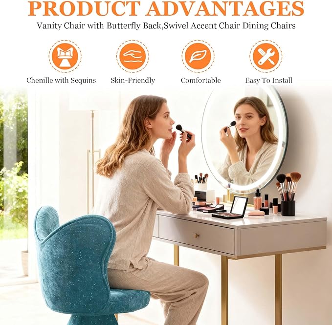 360° Swivel Vanity Chair with Back and PillowChenille Comfy Makeup Chairs for VanityBlue Modern Desk Chair No Wheels for BedroomLiving Room (Blue)