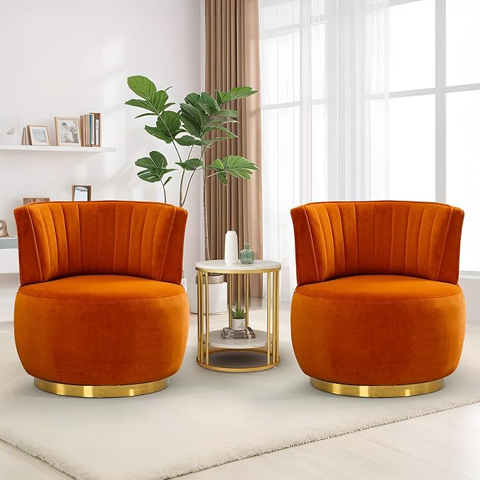 SLEERWAY 360° Swivel Barrel Chair Modern Velvet Round Accent Chair Comfy Upholstered Small Armchair with Gold Metal Base for Living Room Bedroom Nursery Office Sillas para Sala Orange