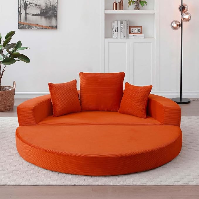 67-inch Convertible Futon Sofa Bed Round Folding Comfy Corduroy Upholstered Couch Bed with 3 Pillows Boneless Floor Lazy Loveseat Sofa for Living Room Apartment Small Spaces Pinstripe Orange