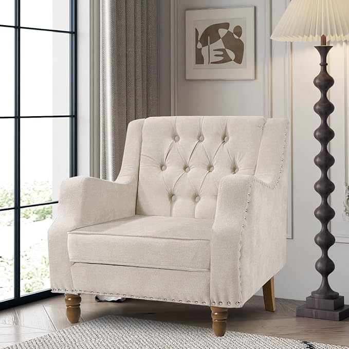 Beige Accent Chair Living Room Chair Footrest Chair Set with Vintage Brass Studs Button Tufted Upholstered Armchair for Living Room Comfy Reading Chair for Bedroom Reception Room