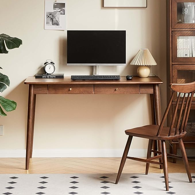 Computer Desk Solid Wood Desk Mid Century Modern Home Office Writing Desk with Drawers for Study Bedroom Living Room