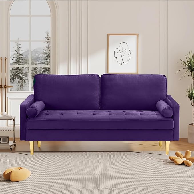 SZLIZCCC 67 LoveSeat Sofa Love Seat Couch Mid Century Modern Couchs Velvet Fabric Pull Dot Design Sofas with Two Round Pillows for Small Spaces Living Room Dorm Bedroom Apartment (67-Purple)