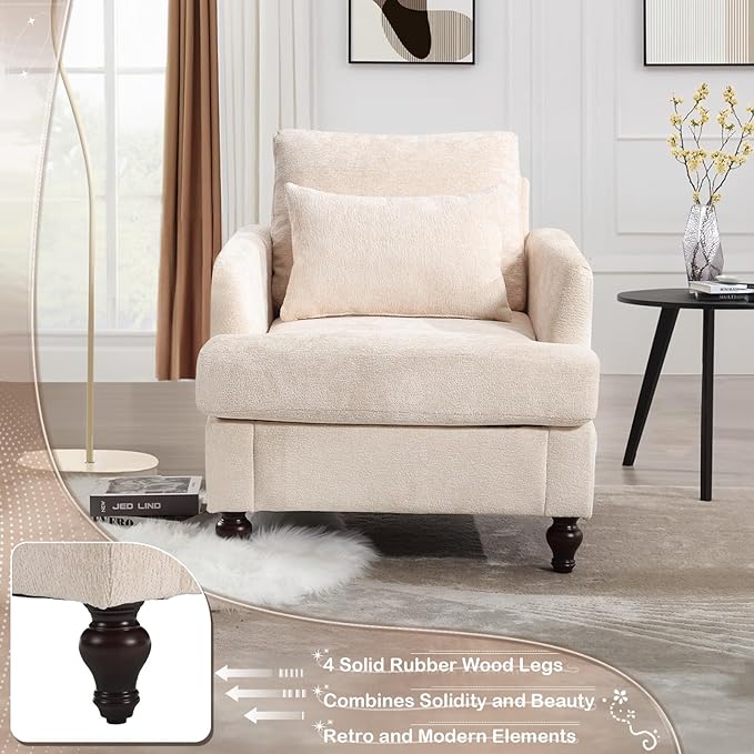 KINFFICT Modern Accent Chair for Living Room Upholstered Single Sofa Chair with Lumbar Pillow Comfy Armchair with Thickened Cushion Living Room Chairs for Bedroom Office Beige Chenille