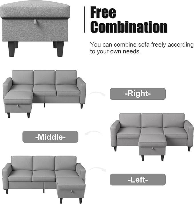 Couch for Living Room - 78'' Beige Linen 3 Seat L-Shaped Sectional Sofa Couches with Storage Ottoman - Modern Small Space Upholstered Furniture Sofa Set for Office Small Space Apartment (Grey-Linen)