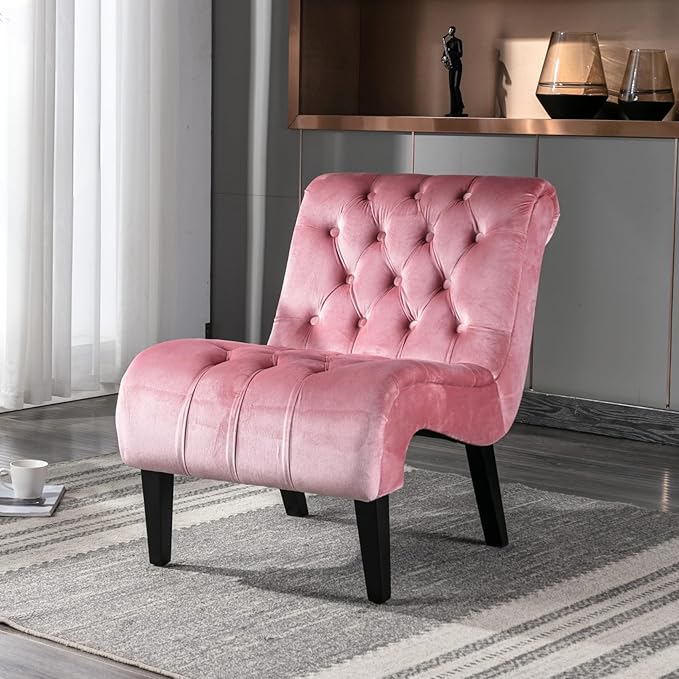 Armless Accent Velvet Chair Modern Single Sofa Chair Nailhead Side Sofa for Small Space Apartment Bedroom Living Room Pink.