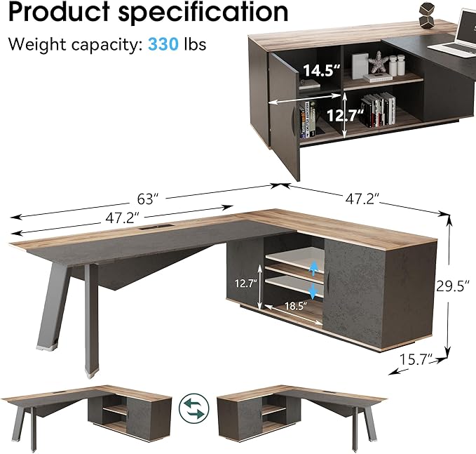63 inches Executive Desk and 47 lateral File Cabinet L-Shaped Desk with Storage Shelves and Doors Modern Business Furniture DeskWriting Table Computer Desk for Home Office Brown and Black