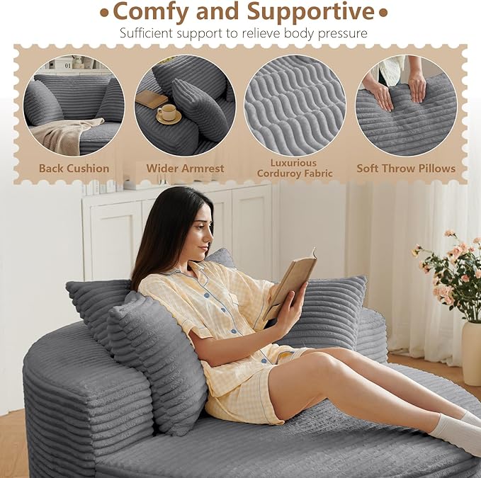 Oversized Round Chair Lounge Chaise Indoor Upholstered Corduroy Deep Seat Cloud Large Circle Sofa Chair No Assembly Required Fluffy Modern Sleeper Sofa Bed for Reading Living Room Dark Gray