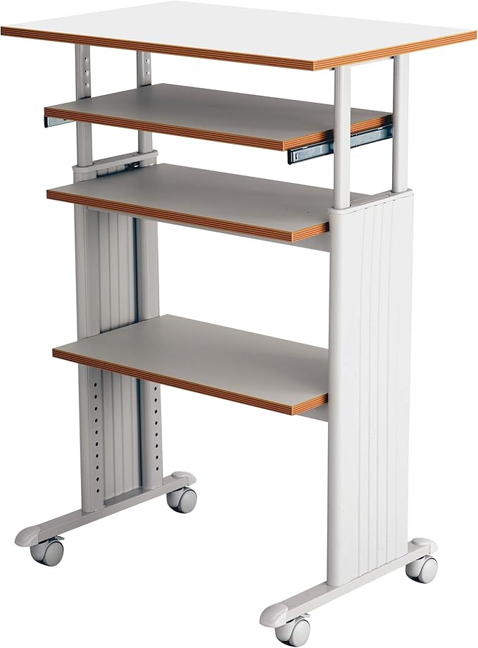 Safco Muv Adjustable-Height Desk with Keyboard Shelf Steel Frame Laminate Work Surface Mobile on 4 Wheels Powder Coat Finish - Office Desks &amp Workstations