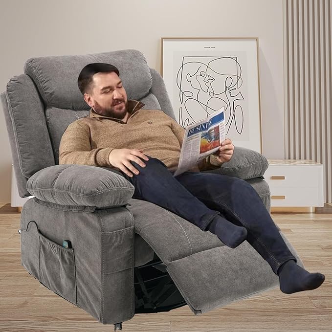 Swivel Rocker Recliner Chair with Massage and Heat Overstuffed Nursery Recliners Oversized Fabric Single Sofa Manual Reclining Home Theater Lounge Chairs for Living Room Adults Grey
