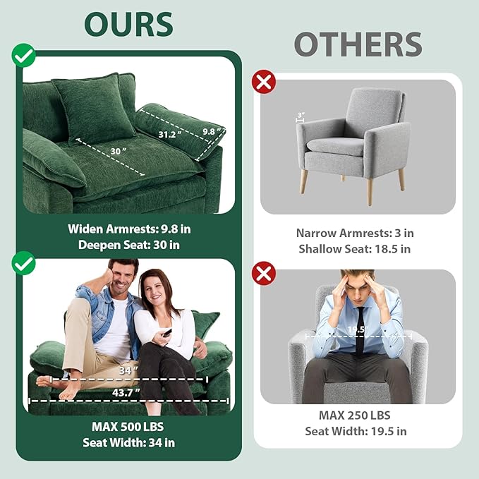 Chenilli Oversized Accent Chair with Ottoman Single Sofa Chair with Large Seat and Extra Wide Armrests Modern Comfy Armchair Reading Chairs for Bedroom Living Room Green