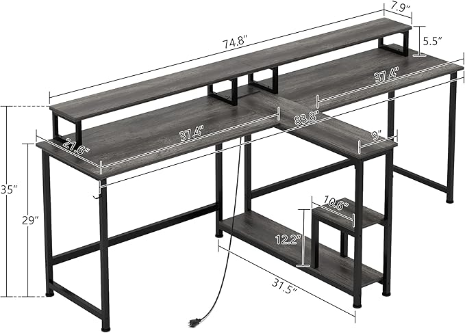 MUTUN Two Person Desk with LED Light 83.7 Inch Computer Office Double Desk with Monitor Stand and Power Outlets Rustic Writing Table Workstation with Shelves Long Desks for Home Office Grey