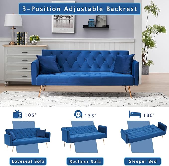KINFFICT Velvet Futon Sofa Bed with 2 Pillows Convertible Sleeper Sofa Couch with 3 Angle Adjustable Backrest Modern Loveseat with 4 Golden Metal Legs for Living Room and Bedroom