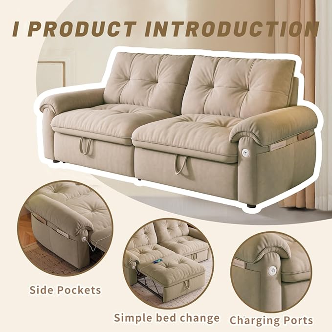 77.2'' Multifunctional Loveseat Sleeper Sofa Couch with Pull-Out Bed 3-in-1 Modern Velvet Convertible Sofa Bed with USB and Side Pockets Easy Assembly Living Room Apartment Brown