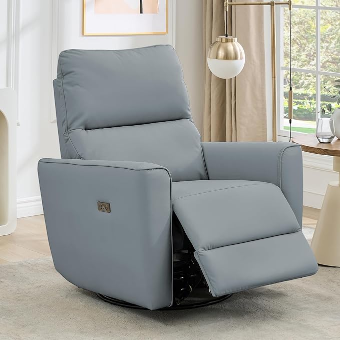 GAOMON Power Recliner Chair Swivel Glider Faux Leather Upholstered Nursery Rocker Reclining Sofa Chair with Charging Port Curved Armrests &amp Padded Backrest for Living Room and Bedroom (Beige)