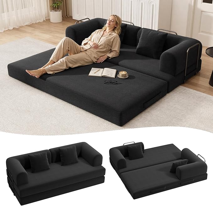 Ahomly 78.8'' Convertible Sofa Bed5-in-1 Boneless Couch with Removable ArmrestsFolding Futon Sofa Bed Includes 2 PillowsComfy Pull Out Couch for Living RoomNo Assembly RequiredBlack
