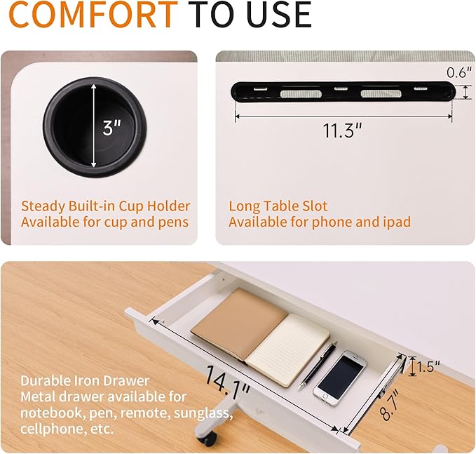 Height Adjustable Overbed Table with Drawer and Wheels Rolling Standing Laptop Desk Portable Bedside Tables with Slot Cup Holder Mobile Pneumatic Computer Cart White