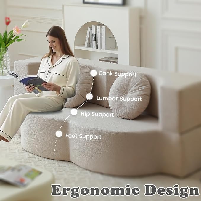 76 Convertible Folding Futon Sofa Bed Queen Sleeper Sofa with Pillow Teddy Fabric Floor &amp Futon Loveseat Couch Foam Folding Mattress Sleeper for Living Room Guest Use Office Apartment(Beige