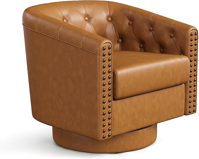 Swivel Barrel Accent ChairRound Nailhead Faux Leather Living Room Arm ChairsModern Upholstered Comfty Reading Nook Chairs for BedroomSmall Club ArmchairSingle Sofa Side ChairCaramel Brown