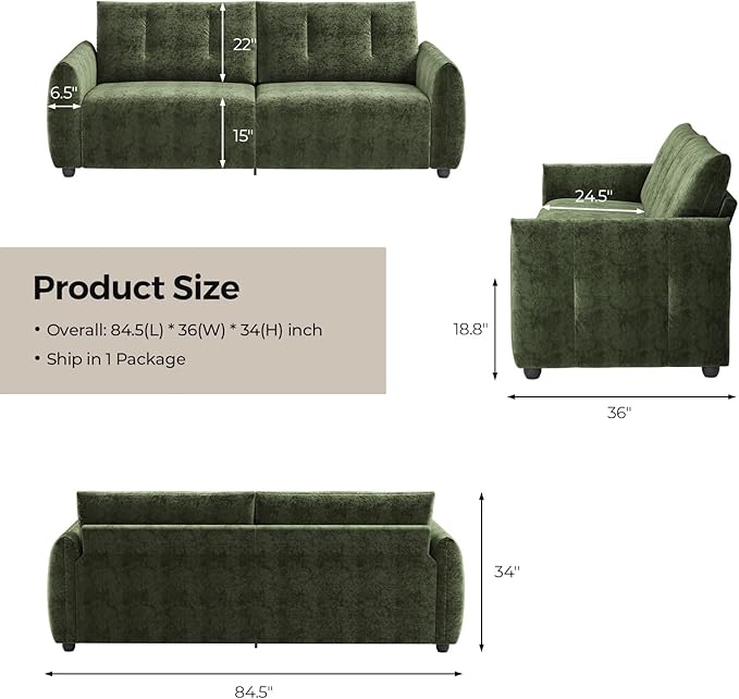 84.5 Inch Loveseat SofaModern Couch and SofaFeather-tip armrest DesignSturdy and Easy InstallationSmall Sofa for Living Room Bedroom Office and ApartmentChenille FabricGreen