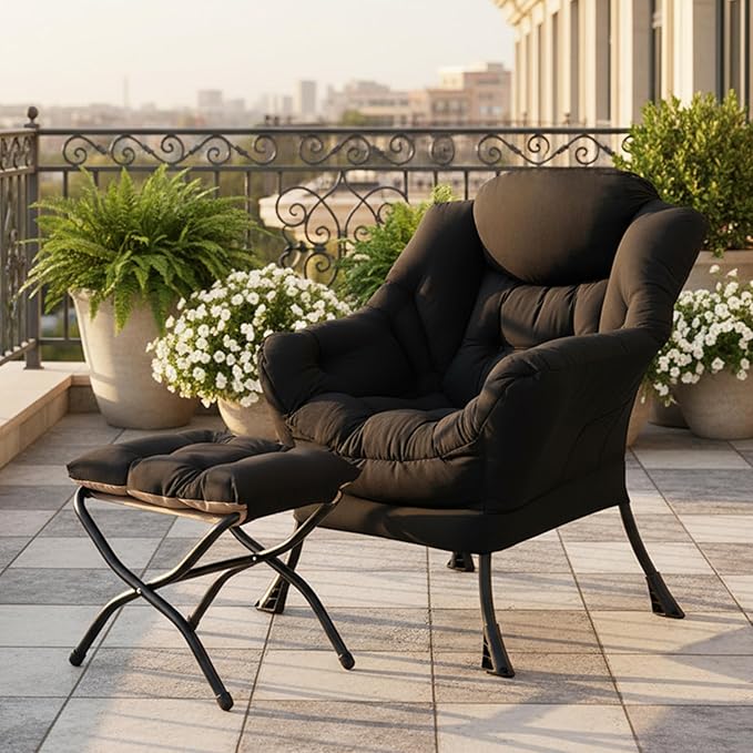 Tiita Lazy Chair with Ottoman Black Modern Large Accent Chair Comfy Leisure Sofa Armchair with Ottoman Reading Chair with Footrest for Bedroom Living Room Dorm Rooms Velvet Black
