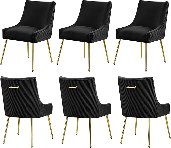 Velvet Dining Chairs Set of 6 Gold LegsUpholstered Velvet Accent Chairs Pleated Back Design &amp Gold Pull Handle Mid Century Modern Chairs for Dining/Kitchen/Living RoomBlack