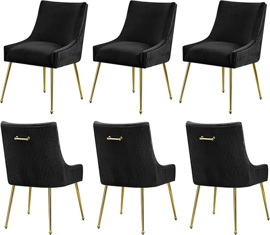 Velvet Dining Chairs Set of 6 Gold LegsUpholstered Velvet Accent Chairs Pleated Back Design &amp Gold Pull Handle Mid Century Modern Chairs for Dining/Kitchen/Living RoomBlack