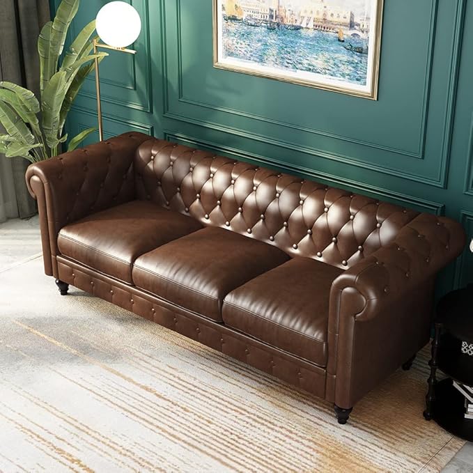 WILLIAMSPACE 88.2 Chesterfield Sofa Couch for Living Room 3 Seater Couches Upholstered Tufted PU Sectional Sofa for Office Apartment - Brown