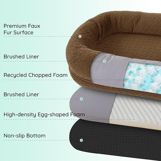Human Dog Bed for Adult - Luxury Faux Fur Giant Size Dog Bed with Portable Handle Egg Orthopedic Foam with Blanket 72x40x10 Brown