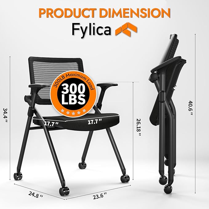 FYLICA Foldable Office Chair with PU Wheels and Smooth Armrest-Ergonomic Mesh Bouncing Back Stackable Conference Room Chair Office Guest &amp Reception &amp Meeting Chair (Black)