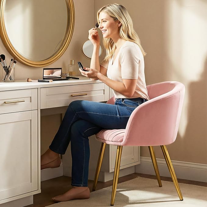 Accent Armchair No Wheels Girls Desk Chair Comfy for Makeup Vanity 20 Extra Wide Cushion Tufted Upholstered Modern Dining Chairs with Gold Metal Legs Bedroom Living Room Home Office Pink