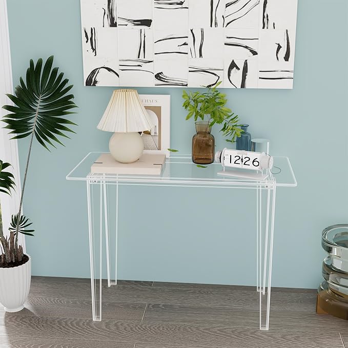 Acrylic Desk Acrylic Table &amp Clear Desk - Modern Home Office Study Table Extended Surface Multi-Purpose Console Sturdy Lightweight for Small Spaces Transparent Workstation (Transparent-M)