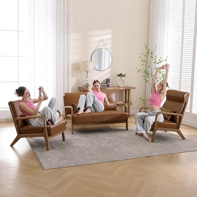 INZOY Mid-Century Modern Accent Chair Set of 2 PU Leather Reading Armchair with Waist Cushion Upholstered Living Room Chairs for Bedroom Sunroom Camel Set