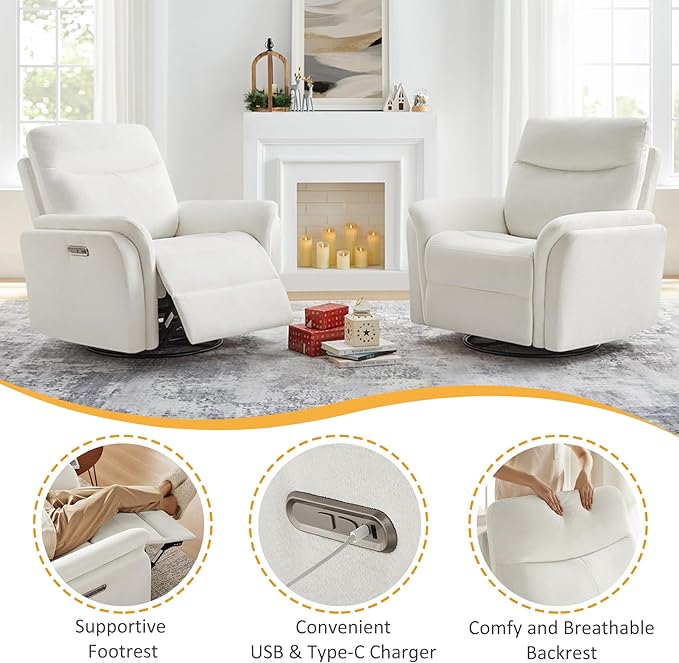 VANOMi Power Recliner Chair Swivel Glider Electric Rocking Recliner Chairs with USB and Type-C Ports Nursery Chair Recliner for Living Room Bedroom Apartment（White）