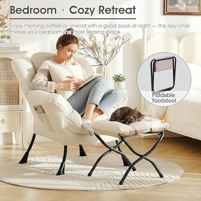 Lvory Lazy Chair with Ottoman Large Velvet Accent Chair with a Throw Pillow Comfy Leisure Sofa Chair for Living Room Bedroom Dorm Room Office Apartment Reading Relaxing Use