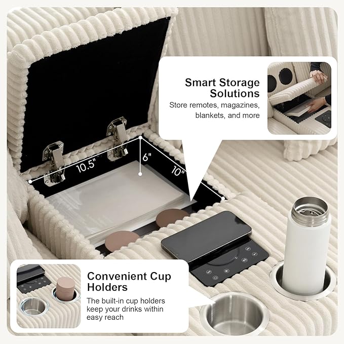 114 Corduroy L-Shaped Sectional Sofa w/Speakers &amp USB Charging Comfy Reclining Deep Seat Couch w/Ottoman Cup Holders for Living Room Home Theater (Beige 114in)